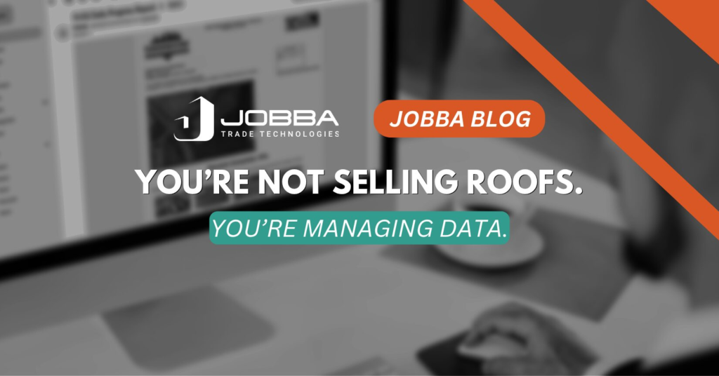 You're not selling roofs blog post cover with computer and roofing software
